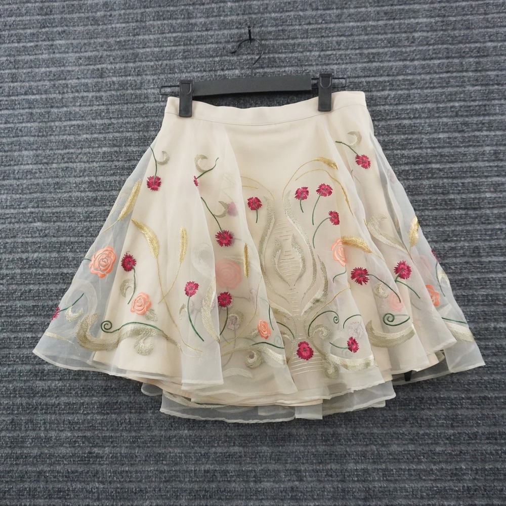 Y2K bebe Mini Skirt Womens Size 2 Cream Floral Embroidered Sheer Overlay Skater